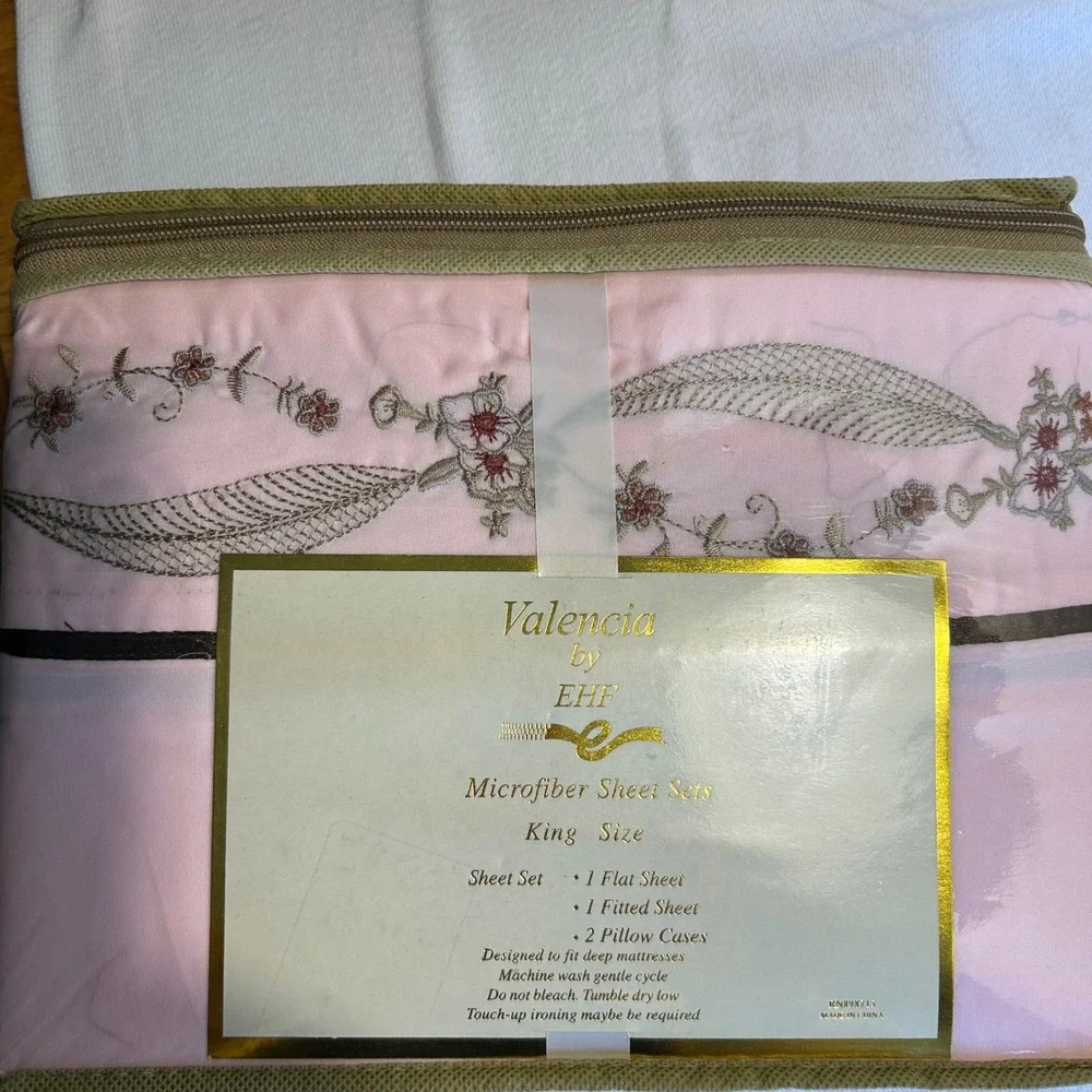 Valencia King Sheet Set Pink Floral Embroidered‎ 4 Pc Microfiber Vintage Style
